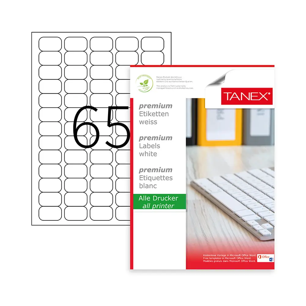 Tanex - TW-2065 - ლეიბლი A4 - 65 დანაყოფით 38.1x212mm pg-83363color თეთრი 